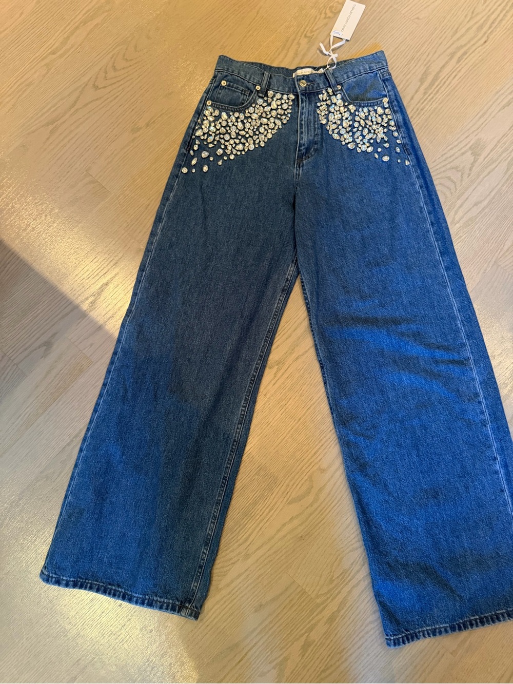 Torn by Ronny Kobo Dark Blue Wide-Leg Jeans with Pearl Embellishment
